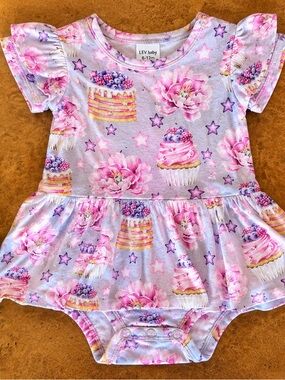 LEV Baby Bamboo Ruffle Bodysuit Dress 6–12M Birthday Print